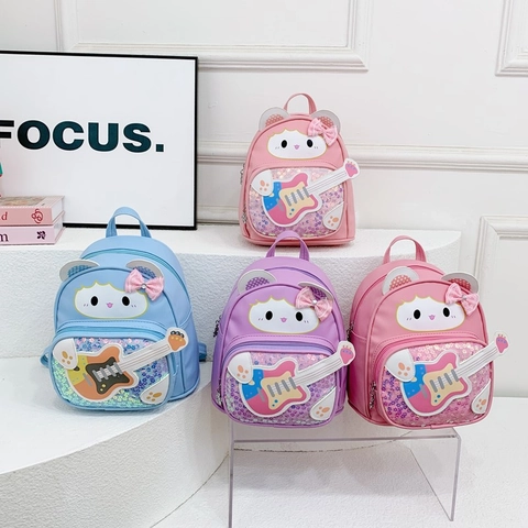 Mochila Infantil Gato Dibujos Animados Guitarra Lentejuelas Cuero PU Mini Bolsa Escolar Jardín De Infancia