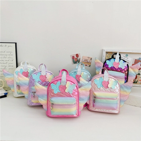 Kids Backpack Unicorn Sequins Rainbow Wings PU Leather Rhombic Quilted Cute Cartoon Schoolbag For Girls