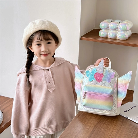 Kids Backpack Unicorn Sequins Rainbow Wings PU Leather Rhombic Quilted Cute Cartoon Schoolbag For Girls
