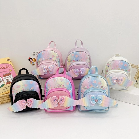 Kids Mini Backpack Cute Rainbow Gradient Wings Sequins Heart PU Leather Schoolbag For Toddler Girls Kindergarten Shiny
