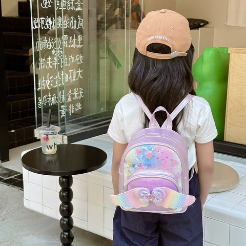 Kids Mini Backpack Cute Rainbow Gradient Wings Sequins Heart PU Leather Schoolbag For Toddler Girls Kindergarten Shiny