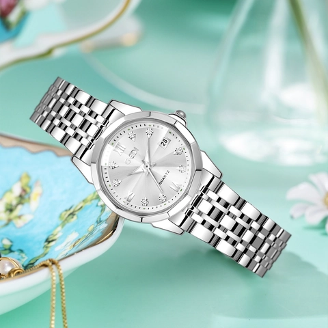 Ladies Fashion Quartz Watch Rhombus Cut Mirror Stainless Steel Strap Waterproof Date Calendar Rhinestone Elegant Wristwatch