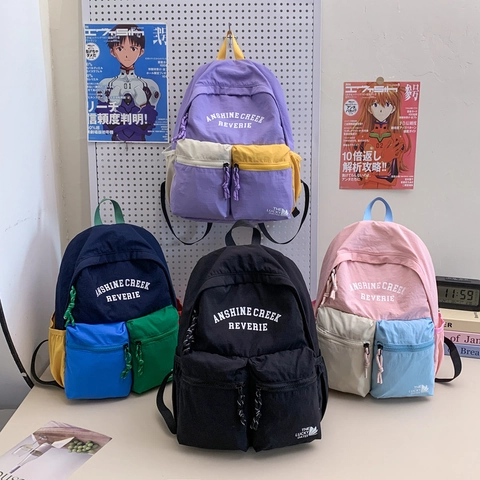 Mochila Escolar Para Niños Gran Capacidad Nylon Multibolsillos Color En Contraste Transpirable Para Niños Y Niñas