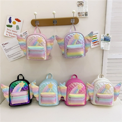 Kids Backpack Cute Rainbow Wings Shiny PU Leather Quilted Toddler School Bag For Kindergarten Girls