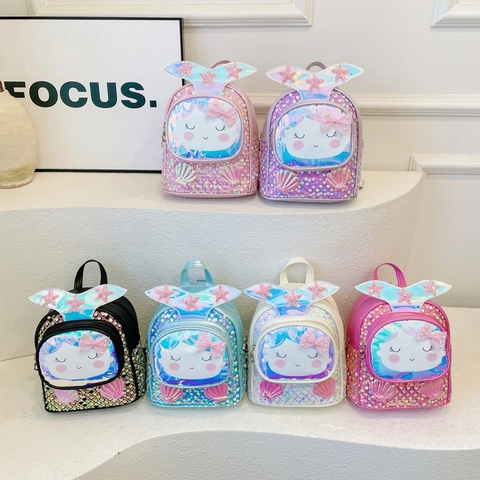 Zeemeermin Rugzak Pailletten Pu Leer Cartoon Schattige Schelp Schooltas Voor Kleuterschool Peuter Meisjes Glimmend Mode