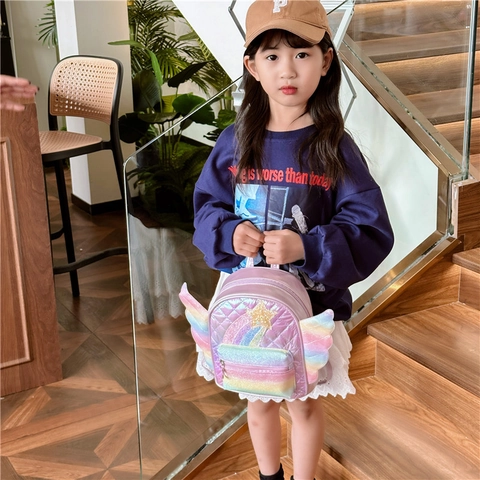 Kids Backpack Cute Rainbow Wings Shiny PU Leather Quilted Toddler School Bag For Kindergarten Girls