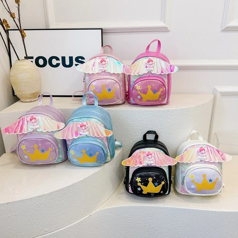 Kids Backpack PU Leather Cartoon Angel Wings Holographic Crown Sequin Cute School Bag For Kindergarten Girls