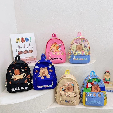 Kids Backpack Cartoon Capybara Pattern Nylon Breathable School Bag For Boys And Girls Cute Animal Print Lightweight