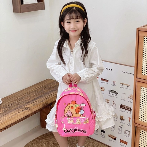 Kids Backpack Cartoon Capybara Pattern Nylon Breathable School Bag For Boys And Girls Cute Animal Print Lightweight