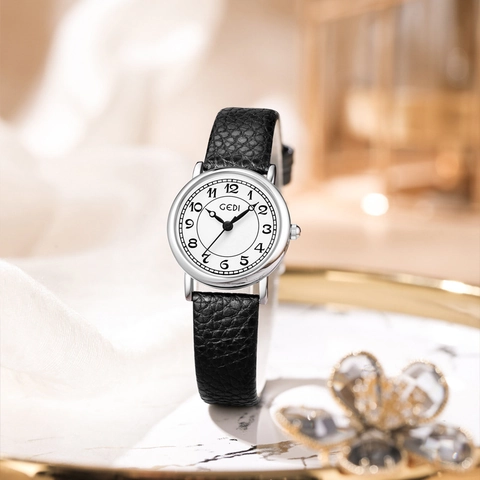 Women Quartz Watch Retro Vintage Elegant Ladies Wristwatch Litchi Pattern Leather Strap Waterproof Analog Round Dial