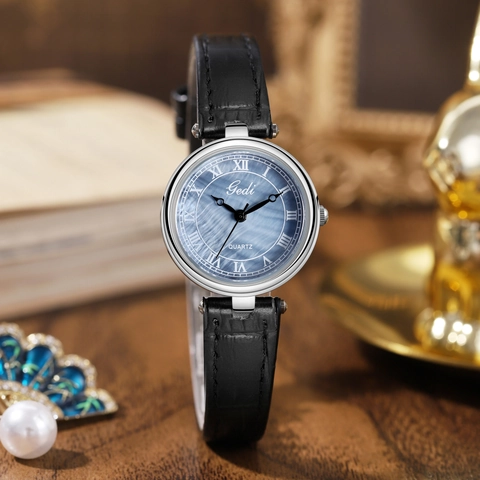 Women Quartz Watch Genuine Leather Strap Mother Of Artificial Pearl Dial Roman Numerals Waterproof Retro Elegant Ladies Wristwatch