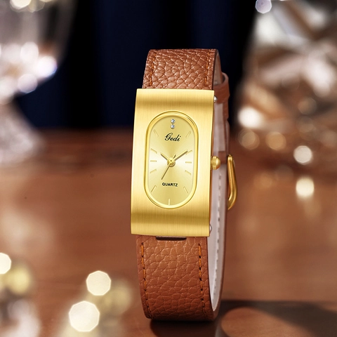 Vintage Rectangle Women Quartz Watch Alloy Case Oval Dial Leather Strap Waterproof Minimalist Elegant Wristwatch