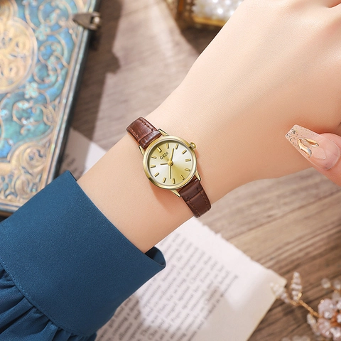 Women's Quartz Watch Retro Small Round Dial Alloy Case Sunburst Texture Leather Strap Waterproof Elegant Wristwatch