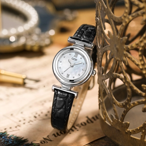 Elegant Women Quartz Watch Mother Of Artificial Pearl Dial Crocodile Texture Leather Strap Fashionable Analog Wristwatch For Lady