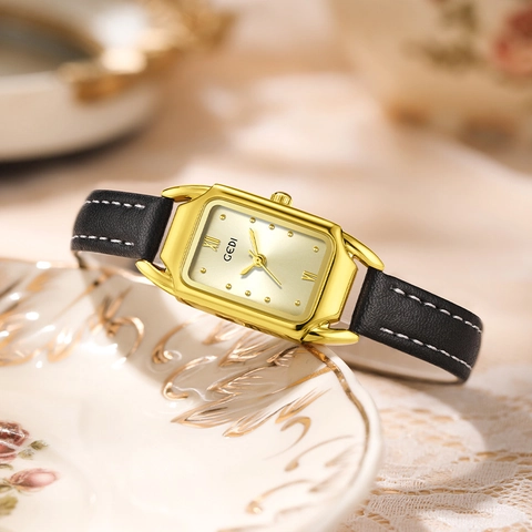 Orologio Al Quarzo Da Donna Elegante Cassa Rettangolare Dorata Cinturino In Pelle Vintage Impermeabile Moda