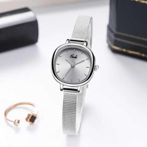 Women Fashion Quartz Watch Stainless Steel Mesh Strap Waterproof Elegant Cushion Shaped Dial Simple Ladies Wristwatch
