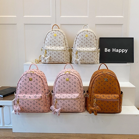 Fashion Women PU Leather Backpack Cat Print Bowknot Monogram Large Capacity Travel Rucksack With Animal Pendant