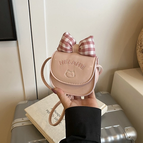 Mini Crossbody Bag PU Leather Cartoon Cat Pattern Plaid Bow Sweet Style Shoulder Messenger Bag For Girls