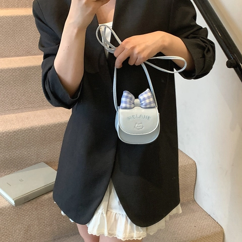Mini Crossbody Bag PU Leather Cartoon Cat Pattern Plaid Bow Sweet Style Shoulder Messenger Bag For Girls
