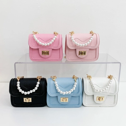 Borsa A Tracolla Mini Per Bambini Pelle PU Manico In Perla Artificial Tracolla Catena Metallo Patta Quadrata Serratura A Torsione