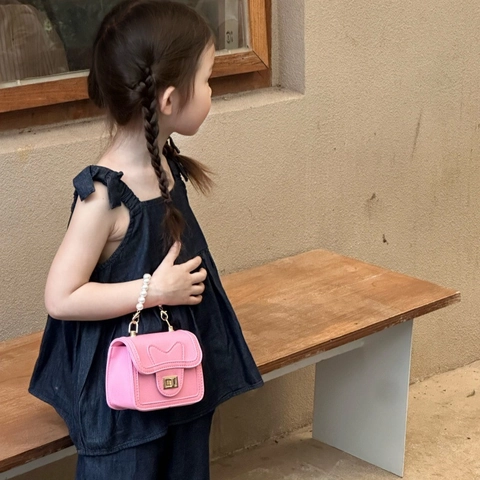 Borsa A Tracolla Mini Per Bambini Pelle PU Manico In Perla Artificial Tracolla Catena Metallo Patta Quadrata Serratura A Torsione