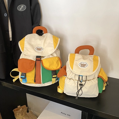 Mochila De Lona Para Niños Bloque De Color Múltiples Bolsillos Bolsa Escolar Gran Capacidad Empalme De Moda Para Niños Niñas Estudiantes