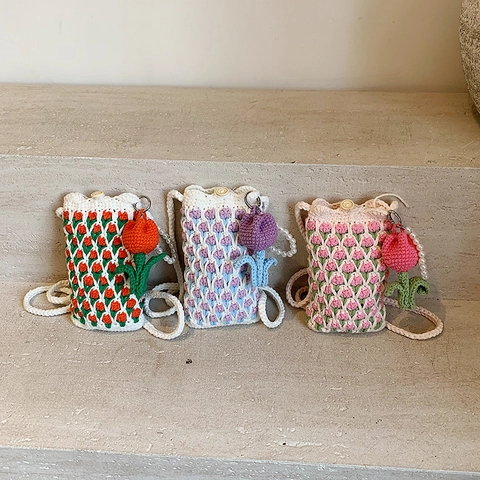 Bolso De Ganchillo Hecho A Mano Para Teléfono Mini Bolso Bandolera De Punto Con Cadena De Perlas Artificiales Y Colgante De Flor