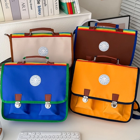 Zaino Per Bambini Stile Preppy Britannico Tela Grande Capacità Cartella Retro Per Ragazzi Ragazze Manico Arcobaleno
