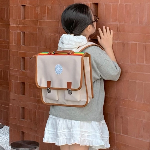 Zaino Per Bambini Stile Preppy Britannico Tela Grande Capacità Cartella Retro Per Ragazzi Ragazze Manico Arcobaleno