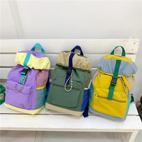 Mochila De Nylon Patchwork Para Niños Gran Capacidad Escolar Estudiantes Viaje Deportivo Bloque De Color Niños Niñas