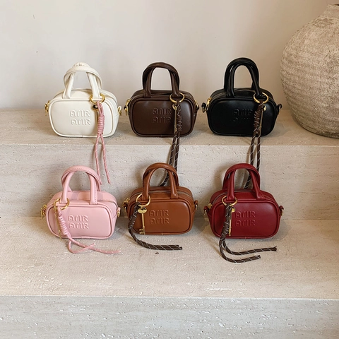 Kids Mini Crossbody Bag PU Leather Alphabet Embossed Shoulder Purse With Key Pendant And Braided Rope For Toddlers