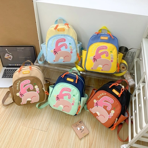 Mochila Para Niños Tela Compuesta Patrón Conejo Dibujos Animados Color Contraste Escuela Viaje Niños Niñas Moda