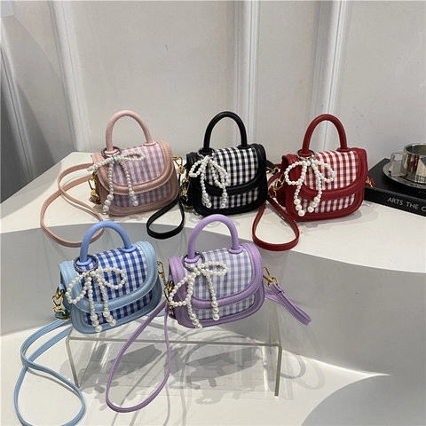 Mini Sac À Bandoulière Carré Cuir PU Motif À Carreaux Gingham Décoration Nœud En Künstliche Perles Mode Douce Femmes