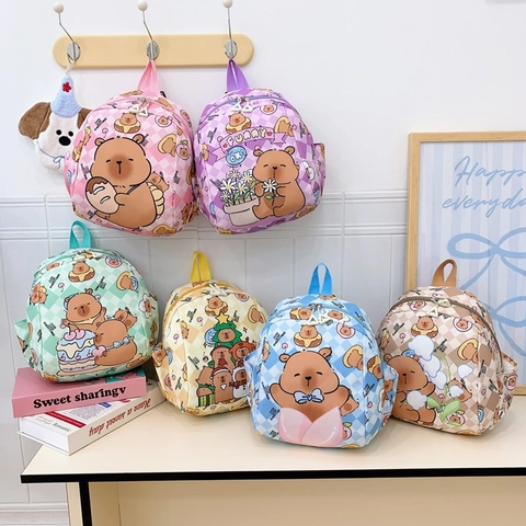 Kids Backpack Nylon Lightweight Cartoon Capybara Bear Printed Checkerboard Pattern Cute Schoolbag Boys Girls Travel