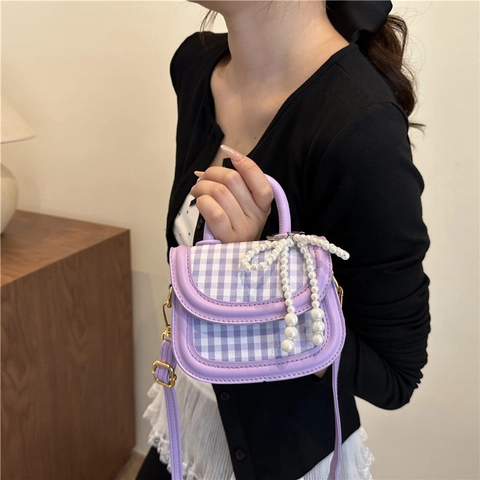 Mini Sac À Bandoulière Carré Cuir PU Motif À Carreaux Gingham Décoration Nœud En Künstliche Perles Mode Douce Femmes