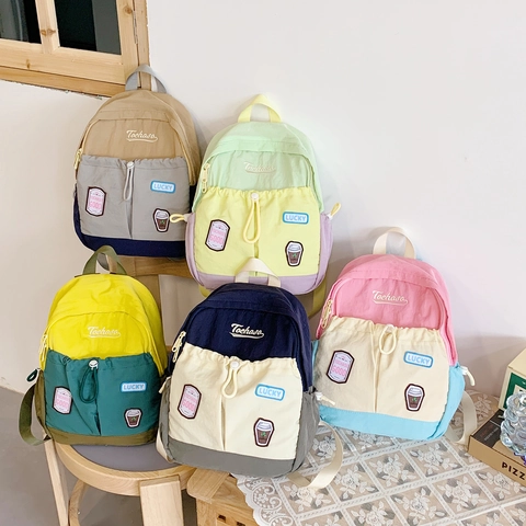 Mochila Para Niños Nailon Ligera Bloque De Color Bolsa Escolar Con Cordón Para Niños Y Niñas