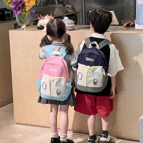 Mochila Para Niños Nailon Ligera Bloque De Color Bolsa Escolar Con Cordón Para Niños Y Niñas