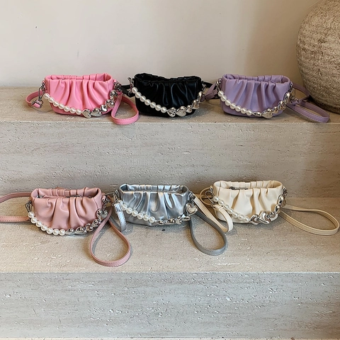 Bolso Bandolera Mini Niños Dulce Fruncido Cuero PU Bolso De Mano Perla Artificial Corazón Cadena Decoración Niñas