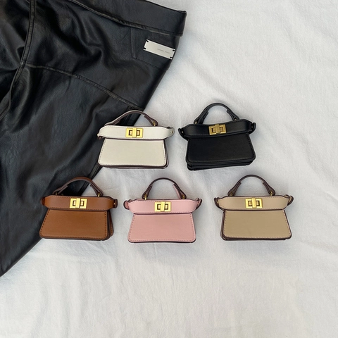 Kids Mini Crossbody Handbag PU Leather Small Shoulder Bag With Satin Scarf Decor Metal Chain Strap Twist Lock For Girls