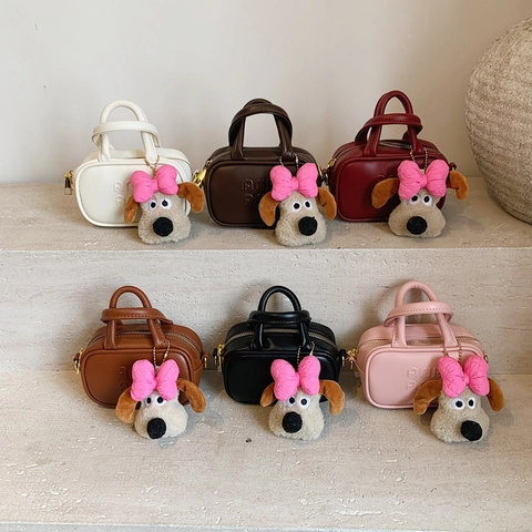 Mini Handbag Girls PU Leather Crossbody Bag Cute Plush Dog Charm Trendy Letter Embossed Shoulder Purse Accessory