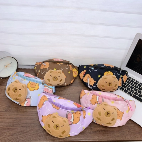 Kids Cartoon Capybara Waist Bag Nylon Polyester Crossbody Chest Pouch With Plush Decoration For Toddlers Daily Use