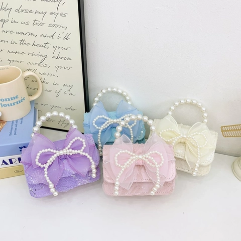 Kids Mini Princess Shoulder Bag Lace Mesh Large Bow Faux Artificial Pearl Handle Sequin Chain Crossbody Handbag Sweet Style