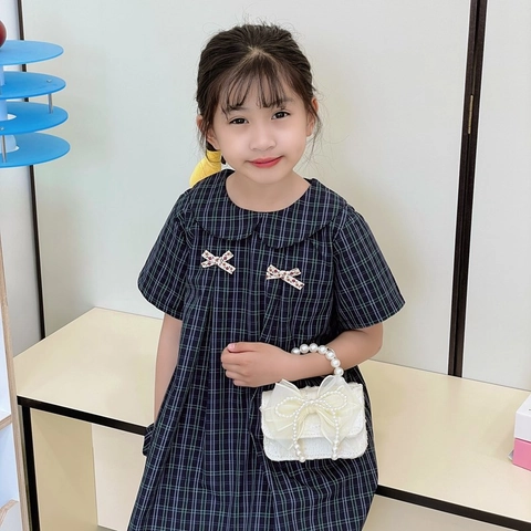 Kids Mini Princess Shoulder Bag Lace Mesh Large Bow Faux Artificial Pearl Handle Sequin Chain Crossbody Handbag Sweet Style
