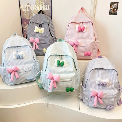 Kids Plaid Backpack Cute Gingham School Bag With 3D Bow Tie Multi Pockets Lightweight For Girls Kawaii JK Style