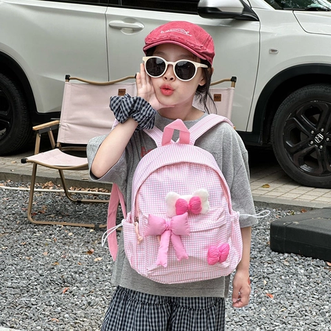 Kids Plaid Backpack Cute Gingham School Bag With 3D Bow Tie Multi Pockets Lightweight For Girls Kawaii JK Style