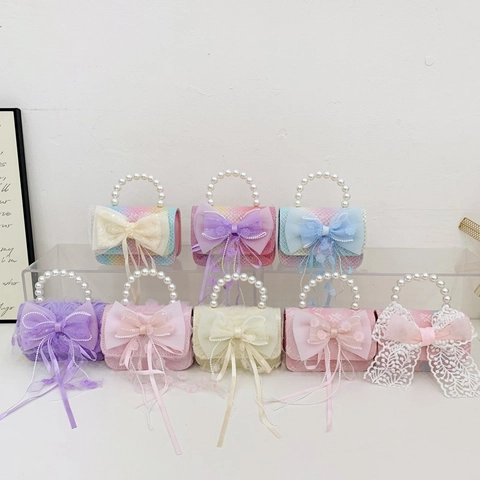 Mini Bolso Bandolera Para Niña Lazo De Encaje Asa De Perla Artificial PU Brillante Cadena De Metal Bolso De Mano De Princesa