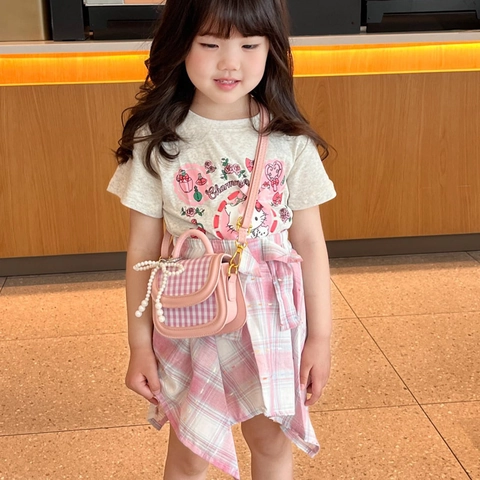 Mini Shoulder Bag For Girls PU Leather Gingham Pattern Artificial Pearl Bow Decorative Crossbody Handbag Cute Fashion Accessory