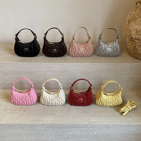 Mini Shoulder Bag For Girls PU Leather Matelasse Pleated Half Moon Hobo Handbag With Detachable Strap Fashionable Accessory