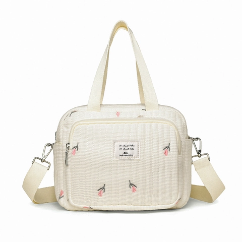 Quilted Fabric Diaper Bag Embroidered Cartoon Bear Flower Mommy Bag Portable Large Capacity Shoulder Handbag