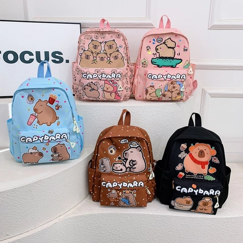 Cute Capybara Cartoon Print Backpack Nylon Breathable Large Capacity Preschool Kindergarten School Bag For Kids Children